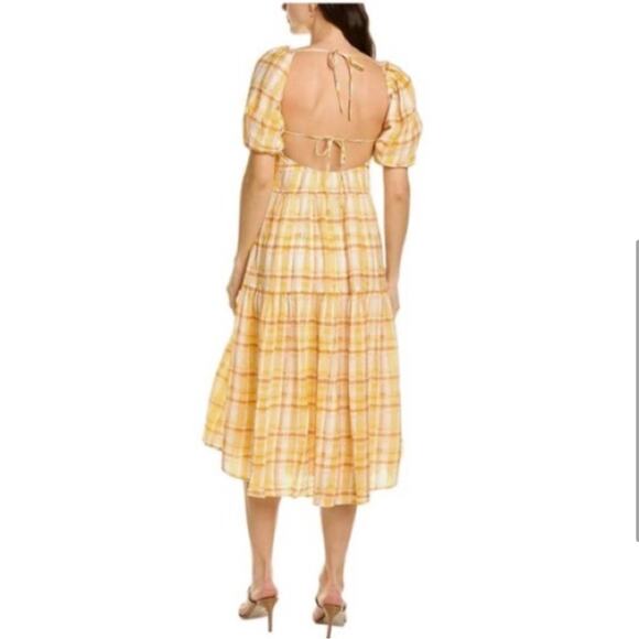 ASTR The Label Women's Ilana Yellow Plaid Midi Dress Puff Sleeve Open Back Large - Picture 3 of 9